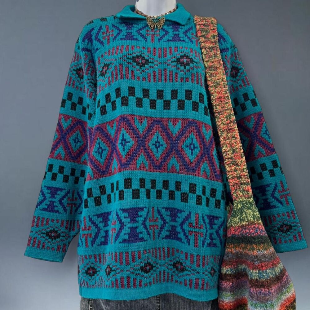 Vintage Alfred Dunner Teal Geometric Sweater Collared Knit Pullover USA Size L